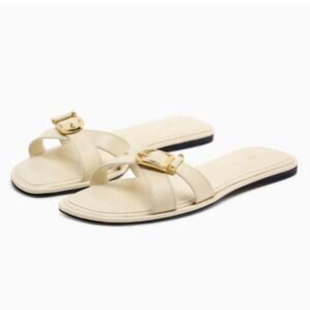 NWT! Zara Sz 38/7.5, ivory cream strappy flats with gold buckle details. - Picture 1 of 8